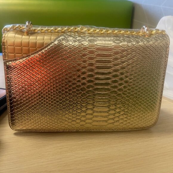 Neiman Marcus Gold Reptile Horsebit Satchel Handbag - Picture 4 of 4